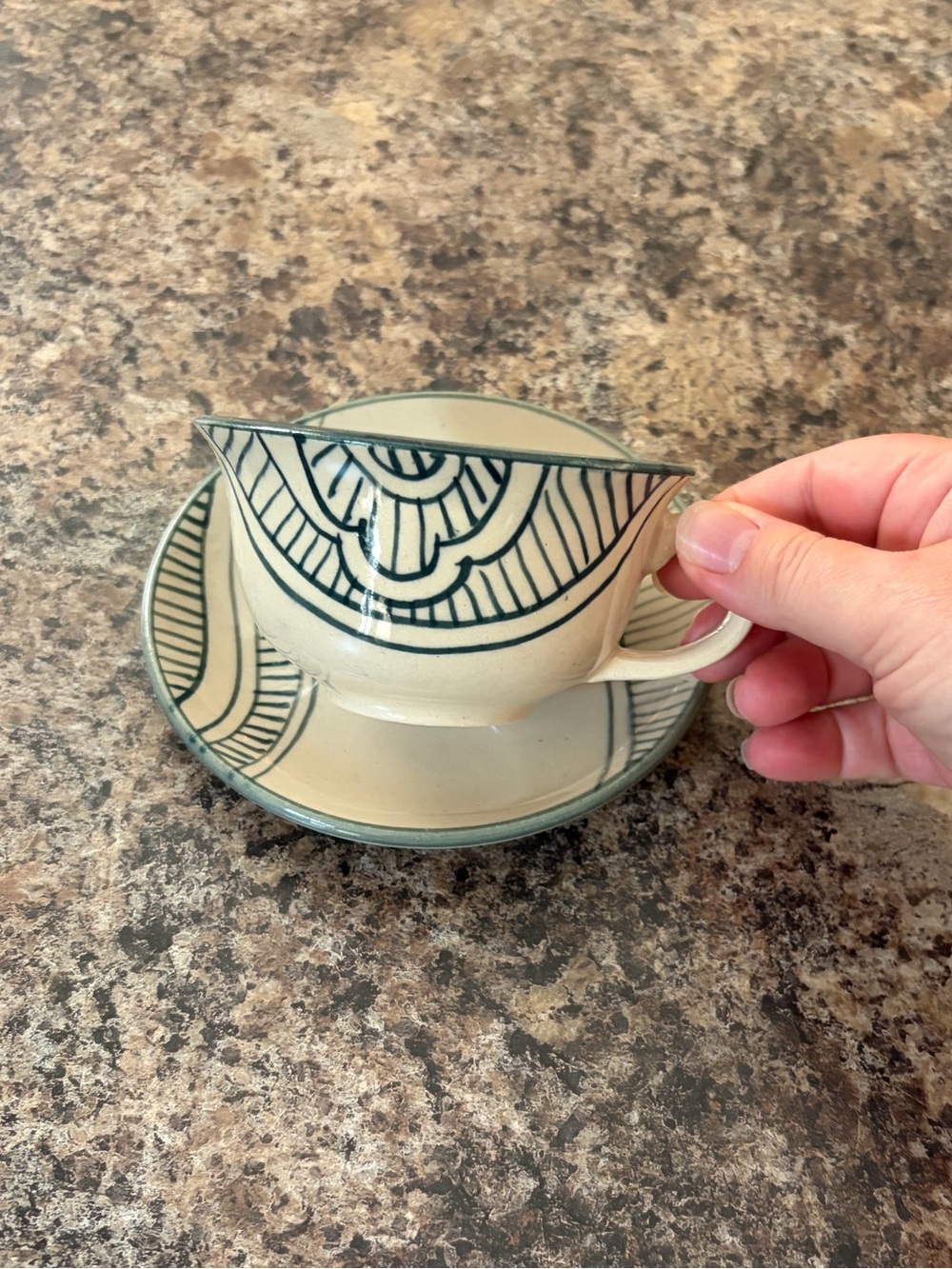 Handcrafted Cream and Teal Ceramic Teacup with Saucer